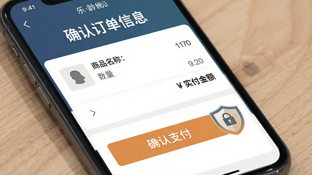 һ��չʾ������ѡAPP��ȫ֧��ȷ�Ͻ����ͼƬ���������ֻ���Ļ��ʾ֧��ȷ��ҳ�棬�����ô������д�š�ȷ�϶�����Ϣ�����м������г���Ʒ���ơ�������ʵ�����ײ���һ������ġ�ȷ��֧������ť����ť�Ա���һ��������״�İ�ȫ��ʶ��������ɫ���أ��������������ȫ�ɿ������ʸɾ���