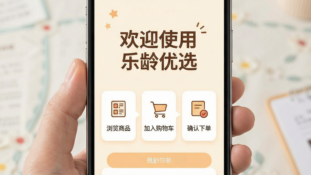 һ��չʾ������ѡAPP���û����������ͼƬ���������ֻ���Ļ��ʾһ����������ҳ�棬�����ô������д�š���ӭʹ��������ѡ�����·�����������ͼʾ����һ���������Ʒ�����ڶ��������빺�ﳵ������������ȷ���µ�����ÿ����������һ���򵥵�ͼ�꣬������ɫ��ů��������������������׶������ʸɾ���
