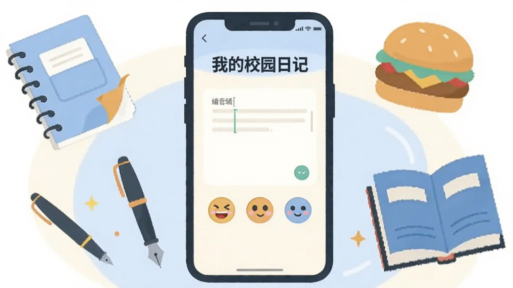 һ�ű�ƽ�����Ĳ廭������������һ���ֻ����ֻ���Ļ����ʾ���ҵ�У԰�ռǡ��ı༭���棬�����������ͼ����ɰ��ı���ͼ�꣬�ֻ���Χ������Ư���ıʼǱ����ֱʡ������Ϳα���ɫ����ǳ�����װ�Ϊ����������ɻ��ã����������������ɾ������