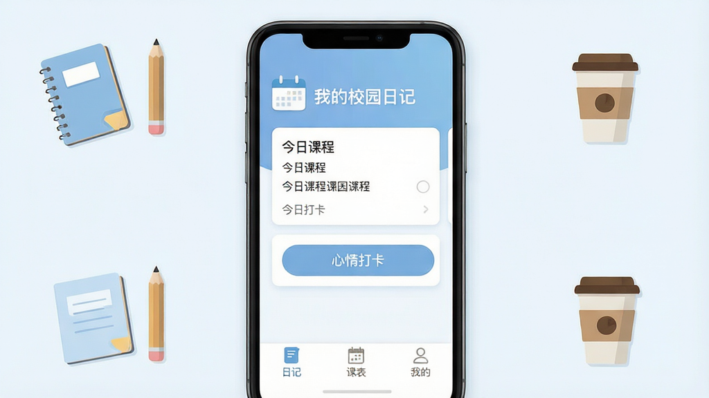 һ��չʾ�ֻ���Ļ��ͼƬ����Ļ������ʾ���ҵ�У԰�ռǡ�App�������棬��������͵�����ɫ��Ϊ��������������ͼ��͡��ҵ�У԰�ռǡ����ֱ��⣬�м��ǽ��տγ̿�Ƭ������򿨰�ť���ײ��С��ռǡ������α��������ҵġ�������ǩ������Χ��׺�űʼǱ���Ǧ�ʺͿ��ȱ��ı�ƽ��Сͼ�꣬���������¼�Լ�����ʸɾ����޶���Ԫ�ء�
