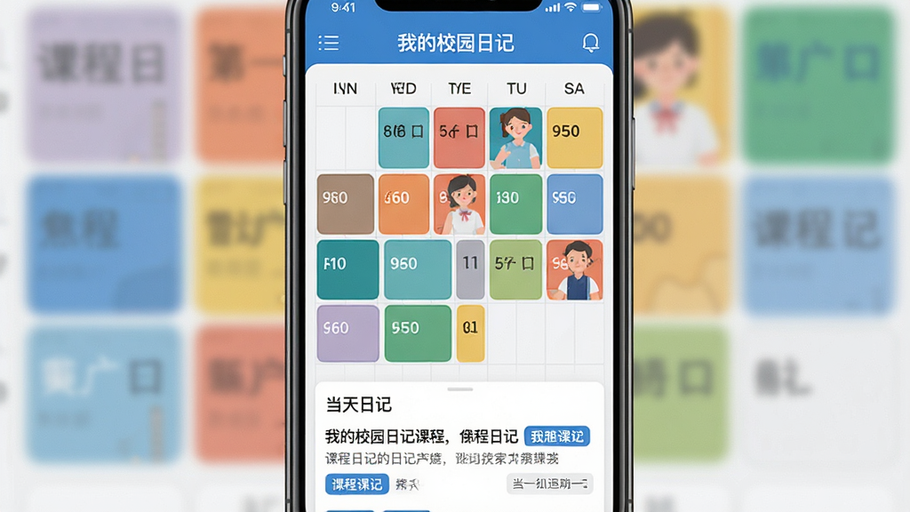 һ��չʾ�ֻ�App�����ͼƬ��������ʾ���ҵ�У԰�ռǡ��Ŀα���ͼ��һ�ܵĿγ��Բ�ɫ���������������У��·��е�����ռ���Ŀ����Ŀ���пγ����Ʊ�ǩ��������Ƽ�࣬������ɫ����������������ִ���ƽ�����ʸɾ����޶���װ�Ρ�