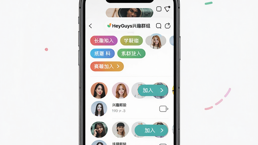 һ��չʾHeyGuys��ȤȺ��ƥ�书�ܵ�ͼƬ���������ֻ���Ļ�ж����Ȥ��ǩ��Ⱥ���б����棬����Ϊ�ֻ�����չʾ���Ű����룬���������죬ϸ���ϱ�ǩ��ɫ�ḻ��Ⱥ��ͷ����������밴ť���������ʸ���ɾ��޶���Ԫ��