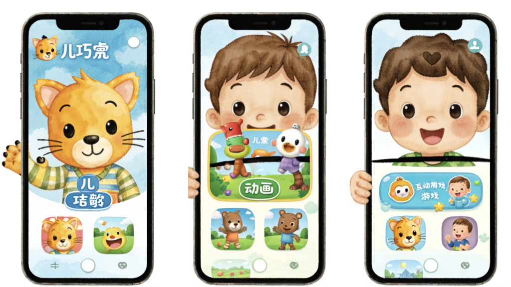 һ��չʾ�ɻ��ٷ�APP����������ϵ��ͼƬ��������������ͬ����εĶ�ͯ���󣬲���Ϊ�������У�ÿ��������ǰ��һ���ֻ���Ļչʾ��Ӧ���ݣ��Ű����룬���Ϊ��͵�ˮ�ʲ廭�磬ϸ���Ϻ��ӱ��鿪�ģ���Ļ���ݷֱ�Ϊ���衢������������Ϸ�����ʸ���ɾ����޶���Ԫ�ء�