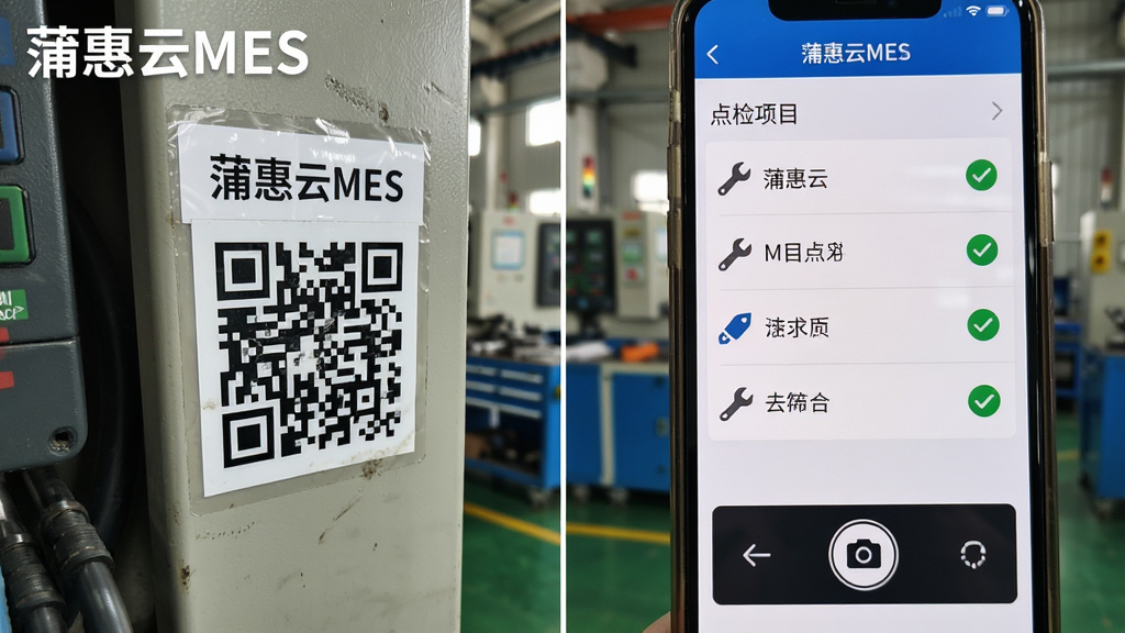һ��չʾ�ѻ���MES�豸��칦�ܵ�ͼƬ������Ϊ�����豸�ԵĶ�ά���ǩ���ֻ������棬����Ϊ������豸�ֲ���д����ά����ֽ���Ҳ����ֻ��˵����Ŀ��ѡ�б����Ű�Ϊ���ҷ��������Ϊ��ҵ�ֳ�ʵ�ĸУ�ϸ�ڰ�������ͼ�ꡢ������հ�ť����ɫ�Թ���ǣ����������ɾ��޶���Ԫ�أ�ͼƬ�����ֱ�ע���ѻ���MES��