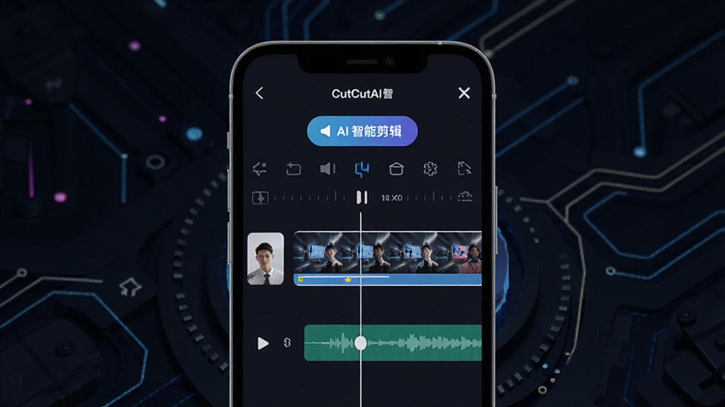 һ��չʾCutCutAI�Ǽ�App�������ͼƬ�������������ֻ���Ļ����Ļ����ʾCutCutAI�Ǽ��ļ���ʱ���߽��棬����Ƶ�������Ƶ������Ϸ���AI���ܼ�����ť����������ɫ�Ƽ��磬��������������ִ���ƽ��ϸ��Բ�󣬻��ʸɾ����޶���Ԫ��