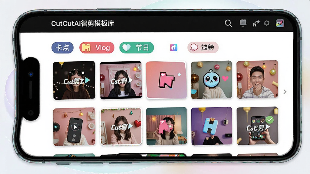 һ��չʾCutCutAI�Ǽ�ģ�������ͼƬ���ֻ���Ļ��ʾ��CutCutAI�Ǽ���ģ���б����п��㡢Vlog�����յȷ����ǩ��ÿ��ģ����Ԥ��Сͼ������ɫ�ʷḻ�����࣬���ֲ����������У������ã�ϸ��ͼ�����������ʸɾ����޶���Ԫ��