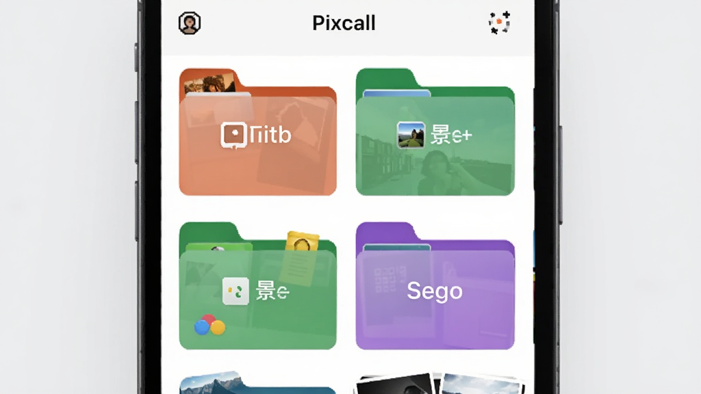 һ��չʾPixcall���ܷ��๦�ܵ�ʾ��ͼ���������ֻ���Ļ��ʾ��ᱻ�Զ��ֳɶ����ɫ�ļ��У�ÿ���ļ��б�ע��ͼ�����ġ��羰���ĵ��ȱ�ǩ���ļ����������룬����Ϊǳ��ɫ��������ִ������ʸɾ��޶���Ԫ��