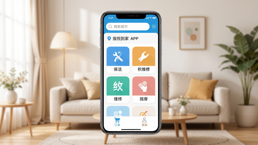 ָ�õ���APP��ҳչʾͼ������������һ�������ֻ�����Ļ��ʾָ�õ���Ӧ�ý��棬�������������Ͷ�λ���У��м��Ǳ��ࡢά�ޡ���Ħ�ȷ������ͼ�꣬�ײ�Ϊ�������ҵ�ҳ�棬��������ܰ�ļ�ͥ��������������ִ���Լ��ɫ��������ͣ�ϸ�����������ʸɾ����޶���Ԫ��