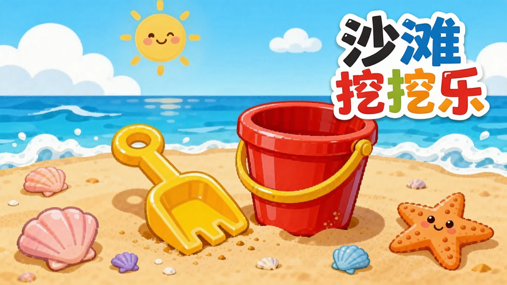 ����������һƬ�����Ŀ�ͨɳ̲������ɳ̲�Ϸ���һ�ѻ�ɫС���Ӻ�һ����ɫСͰ����Χɢ���ű��Ǻͺ��ǣ���������ɫ�󺣺Ͱ�ɫ�˻��������̫���Ͱ��ƣ��������Ͻ�д�š�ɳ̲�����֡����������������������Ķ�ͯ�廭��񣬲��ֱ�����ϸ��Բ��ɰ������ʸɾ��������޶�������Ԫ��