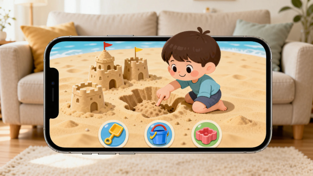 ����չʾ�ֻ���Ļ�е�ɳ̲��������Ϸ���棬��Ļ��һ����ͨС����������ָ��ɳ̲����ɳ��ɳ���Ա߶��ż���ɳ������Ļ�·��в��ӡ�ˮͰ��ģ������ͼ�갴ť�������ǿ���ɳ����������������ܰ�������Ű���У����������ɾ����޶���Ԫ��