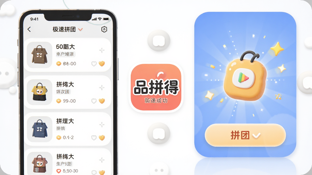 һ��չʾƷƴ��App�ڡ�����ƴ�š����ܵ�ͼƬ�������������Ʒ�б����Ҳ���ƴ�ųɹ��Ķ���Ч�����м��С�Ʒƴ�á���Logo����������������ǿ�ͨ��Լ�磬ϸ����Բ�κ�Բ�Ǿ��Σ����ʸɾ����޶���Ԫ��