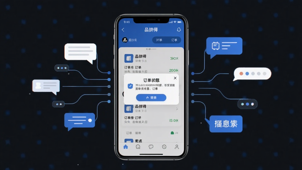 һ��չʾƷƴ��App�ڡ�����״̬���ѡ����ܵ�ͼƬ�������������ֻ���Ļ����Ļ����ʾƷƴ�õĶ���ҳ��͵���֪ͨ����Χ��������Ϣ���ݵ����������־��У�����ǿƼ��б�ƽ�磬ϸ������ɫ�Ͱ�ɫΪ�������ʸɾ����޶���Ԫ��