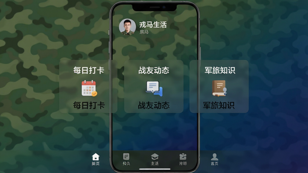 һ���ֻ�Ӧ�ý����ͼ�����������ǡ��������App����ҳ���������Բ���������ɫ���䣬������ʾ�û�ͷ����ǳƣ��м��ǹ��ܿ�Ƭ����������ÿ�մ򿨡���ս�Ѷ�̬��������֪ʶ������ģ�飬�ײ������������ͼ�꣬������Ӳ�ʼ�࣬�����������޶���Ԫ�ء�