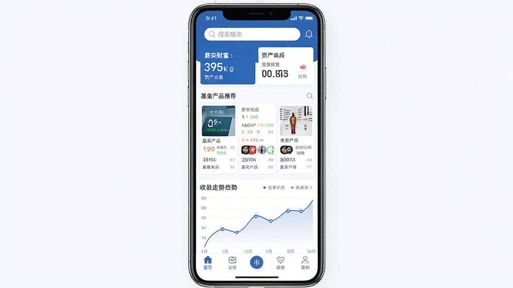һ��չʾ��ʵ�Ƹ�App���Ľ�����ֻ�����ͼ�������������ֻ���Ļ����Ļ����ʾ��ʵ�Ƹ�App����ҳ����������������ʲ�չʾ�����м��ǻ����Ʒ�Ƽ��б���������������ͼ���ײ��ǵ����������岼��������������ɫ������ִ���࣬���ʸɾ����޶���Ԫ��