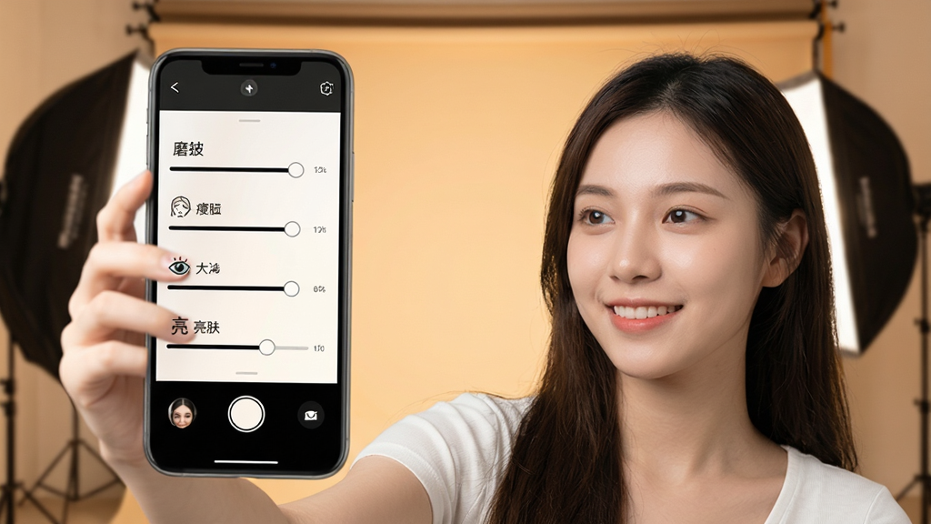 һ�����������App�Ĺ���չʾͼ��������һλ����Ů���������ģ��ֻ���Ļ����ʾ���ղ���������壬����ĥƤ�����������ۡ������ĸ����飬ÿ�������Ա���ͼ���ע����������͵�ůɫ����Ӱ�ﲼ�������������Ȼ�����ʸɾ��޶���Ԫ��