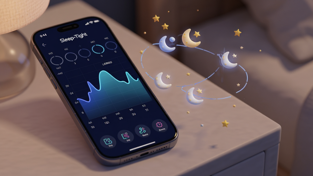 һ��չʾ Sleep-Tight ����˯�߼�⹦�ܵ�ͼƬ��������һ���ֻ����ڴ�ͷ���ϣ��ֻ���Ļ��ʾ Sleep-Tight ��˯������ͼ��������������ǳ�������֣��Ա�Ư����˯������ͼ����������ǣ����Ƽ�������ܰ�н�ϣ�ϸ�����������ʸɾ����޶���Ԫ��