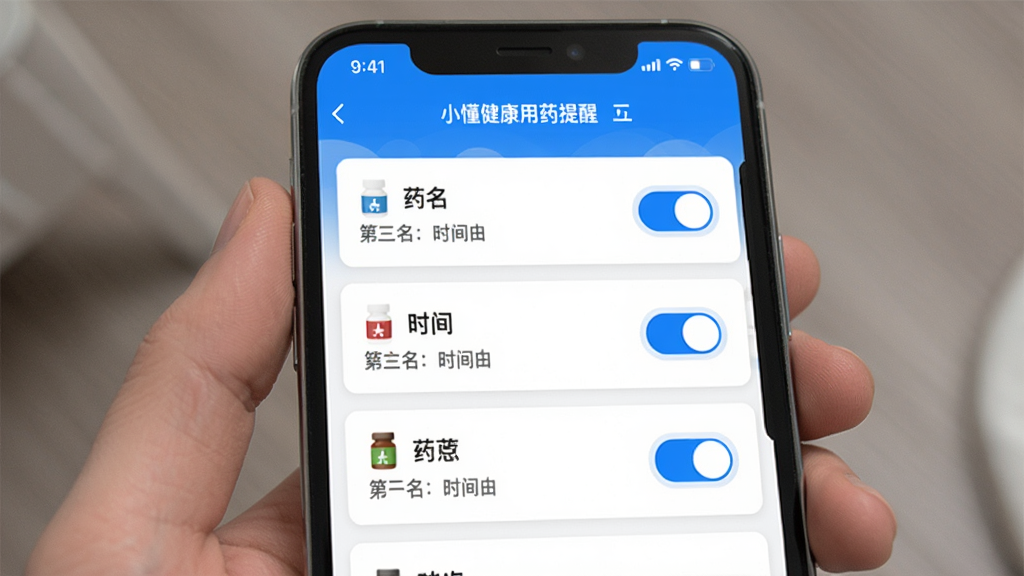 С��������ҩ�������ý��棬�ֻ���Ļ��ʾ�����б���ÿ��������ҩ����ʱ�䡢���ذ�ť����ɫΪ��ɫ��Ƭ����ɫǿ��ɫ����������������ƽ�������ʸɾ������������ɶ�