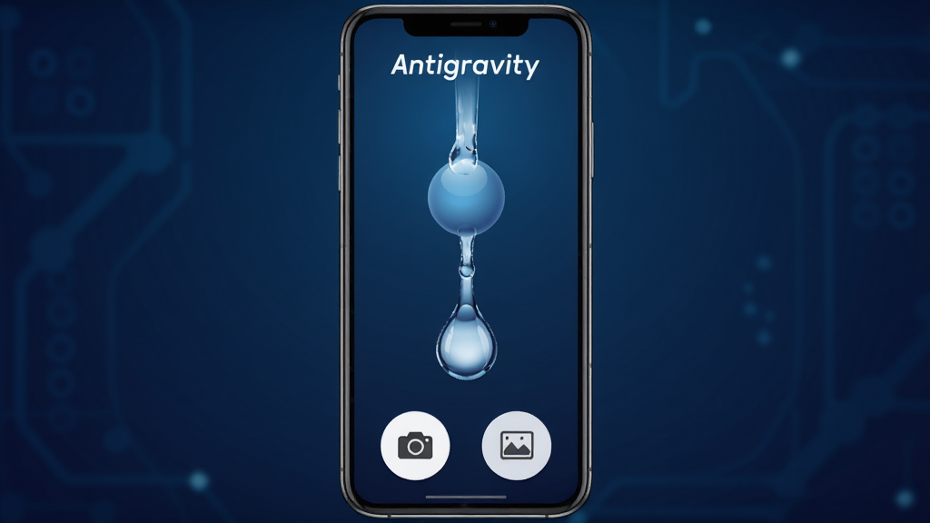 Antigravity ����������չʾ������������һ�������ֻ�����Ļ����ʾһ�������ڿ��е�С��͵�����ˮ����Ч������������ɫ�Ƽ��н��䣬���沼�ּ�࣬������ Antigravity ��Ӣ�ı�ʶ���ײ�����������������ť������ƽ�ִ���ϸ�ڸɾ��޶���Ԫ�أ�����������