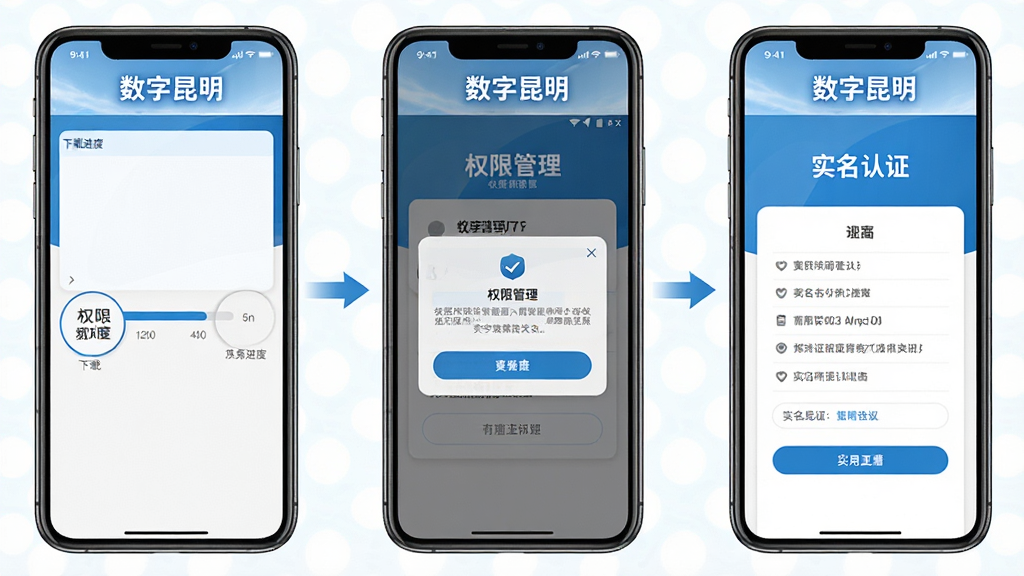 һ��չʾ��������APP��װ��Ȩ�����ò����ʾ��ͼ�������Ϊ�����ֻ���Ļ���ֱ���ʾ���ؽ�������Ȩ�޹���������ʵ����֤���棬ÿ����Ļ�Ϸ����С�������������ʶ�����̳�ָ��������������ɫ�����ʸɾ�����