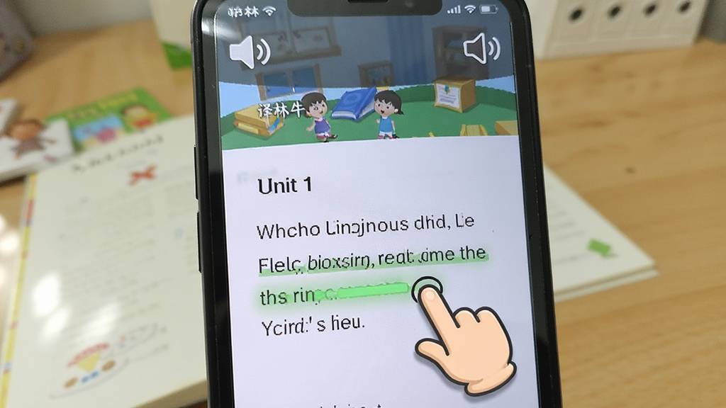 ����ţ��Ӣ���� ���������д���ֻ���Ļ������ʾ����Ļ��������ţ��Ӣ�����꼶�²�Unit 1�Ŀ���ҳ�棬�����·��и������棬һ����ͨ��ָͼ�����ڵ�����ӣ���Ļ�Ϸ���������С����ͼ�꣬�������黯�����������ּ�࣬���дʵ��ϸ������Ļ����΢���⣬�����������޶���Ԫ��