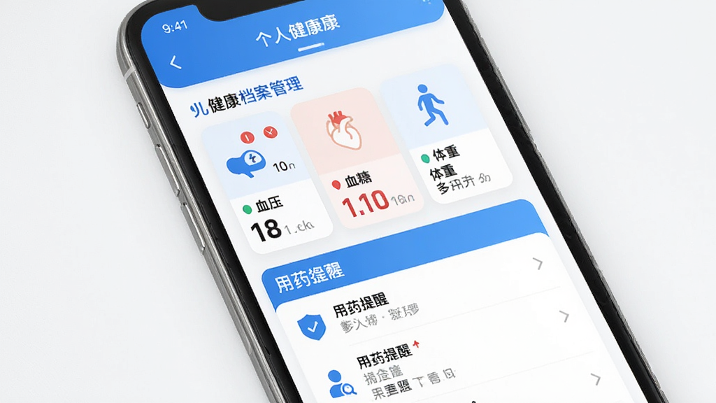 ��������������������棬�ֻ���Ļ��ʾ���˽�������ҳ�棬����Ѫѹ��Ѫ�ǡ����ص�ָ�꿨Ƭ���Լ���ҩ�����б������沼��������ͼ���࣬������ɫ�������ɾ������������޶���Ԫ��