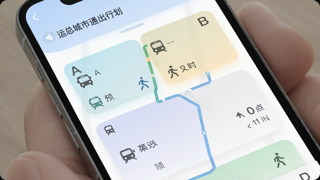 ���ܳ���ͨ ���й滮���棬�ֻ���Ļ��ʾ��A�㵽B��Ķ���·�߷�����Ƭ��ÿ�ſ�Ƭ���й���������������ͼ���Ԥ��ʱ�䣬���沼����������ɫ���