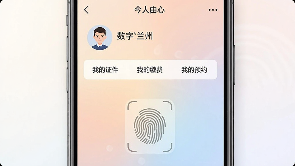 һ���ֻ���Ļ��ʾ���������ݡ�App�ĸ�������ҳ�棬�������û�ͷ����ǳƣ��·��С��ҵ�֤�������ҵĽɷѡ����ҵ�ԤԼ����ѡ�ҳ���м���һ��ָ�ƽ�����ͼ�꣬��������͵Ľ���ɫ�����ȫ˽�ܣ����ʸɾ��޶���Ԫ��