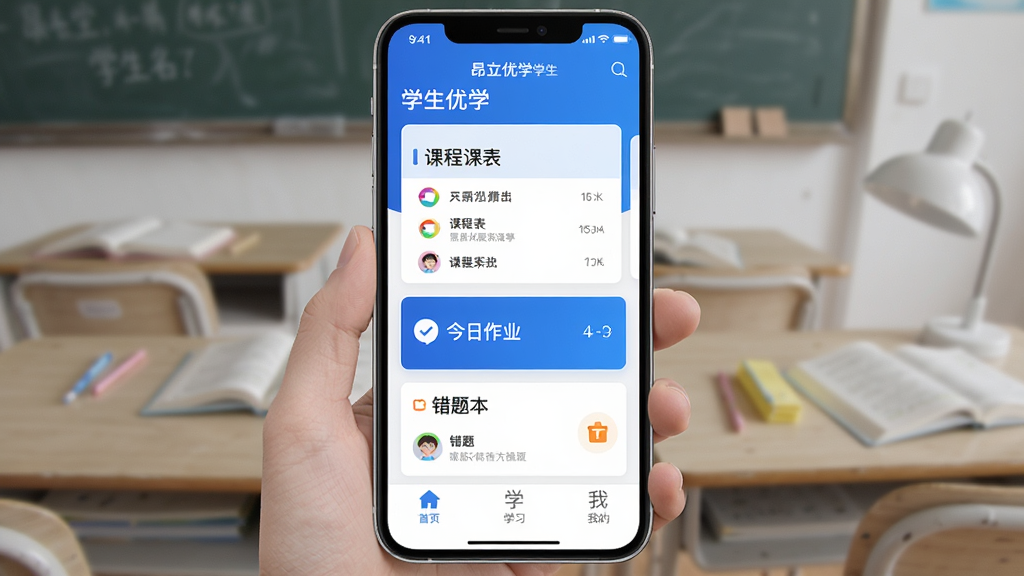 ������ѧѧ�� �ֻ�App������ ����ɫ�� ������ʾѧ�������Ϳγ̱���Ƭ �м��ǽ�����ҵ�ʹ��Ȿ��� �ײ�Ϊ��ҳ ѧϰ �ҵ�����ѡ� ���岼������ ����ִ���Լ ���ʸɾ��޶���Ԫ��