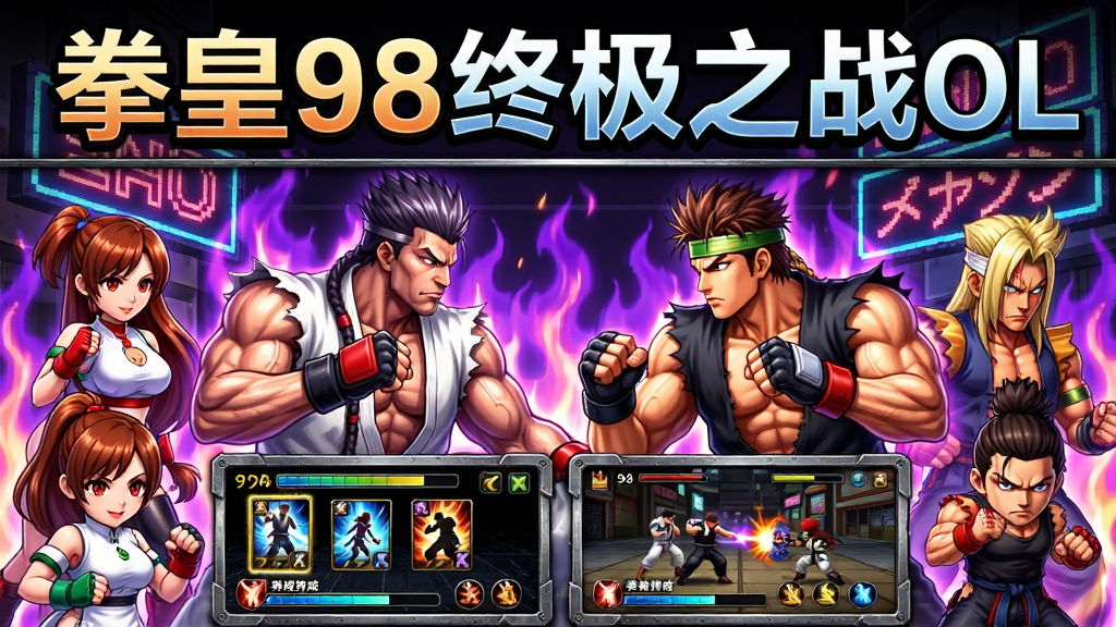 拳皇98终极之战OL游戏主视觉图,画面中心是八神庵与草京对峙的经典构图,背景是燃烧的紫色火焰与街机像素风格霓虹灯牌,周围环绕不知火舞、特瑞等格斗家Q版形象,布局采用上下分栏,上方大字标题“拳皇98终极之战OL”,下方展示卡牌养成与战斗界面缩略图,风格为热血日系动漫加街机怀旧风,细节包含金属质感边框、能量槽光效、技能图标,画质高清锐利,干净无多余元素