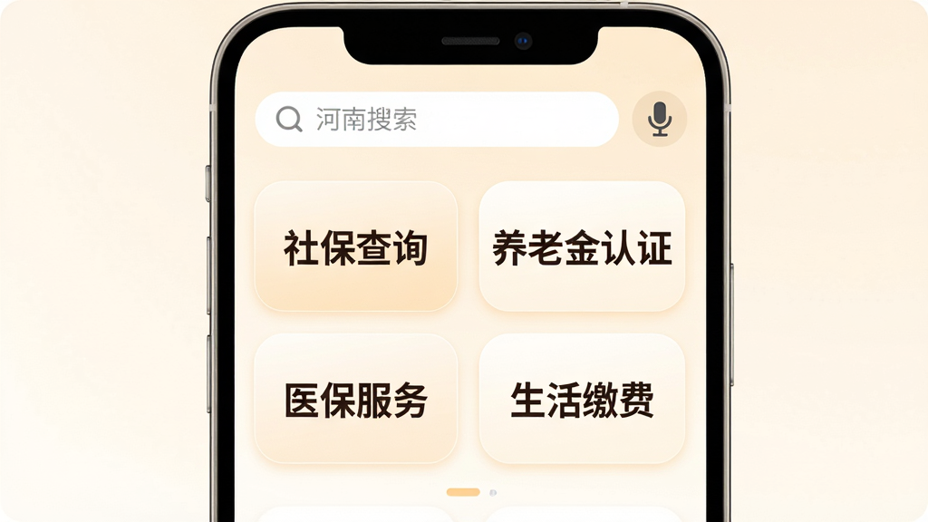 河南政务长者版App主界面展示,画面中央是一部大屏幕智能手机,屏幕内显示河南政务长者版App首页,顶部有醒目的搜索框和麦克风语音图标,中间排列着四个超大圆角矩形功能按钮,分别标注“社保查询”“养老金认证”“医保服务”“生活缴费”,字体粗大清晰,背景为柔和的暖白色,整体布局简洁无广告,风格温暖亲切,细节圆润,画质干净,无多余元素