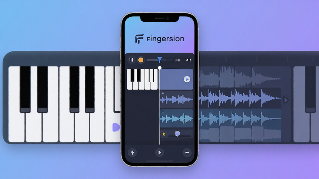 一张展示Fingersonic手机音乐创作软件主界面的图片,画面中央是手机屏幕,屏幕内显示Fingersonic的Logo和简洁的音频轨道编辑界面,有钢琴卷帘和波形图元素,背景是柔和的蓝紫色渐变,风格现代扁平,细节圆润,画质干净清晰,无多余元素