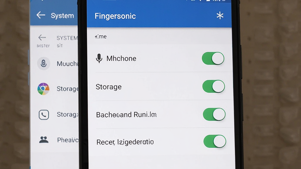 一张展示Fingersonic在手机上运行时的权限设置界面截图,画面中手机屏幕显示应用权限管理页面,有麦克风、存储、后台运行等权限开关,背景是系统设置界面,风格简洁,细节清晰,画质干净,无多余元素