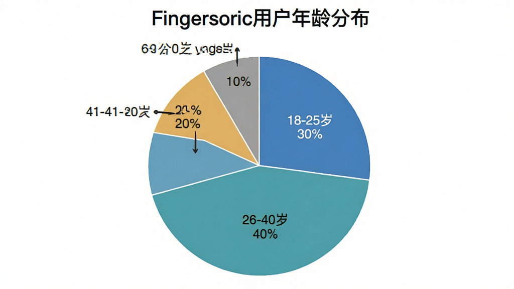 一张展示Fingersonic用户年龄分布的饼状图,图表标题为“Fingersonic用户年龄分布”,图中显示18-25岁占30%,26-40岁占40%,41-60岁占20%,60岁以上占10%,背景是白色,风格简洁,细节清晰,画质干净,无多余元素