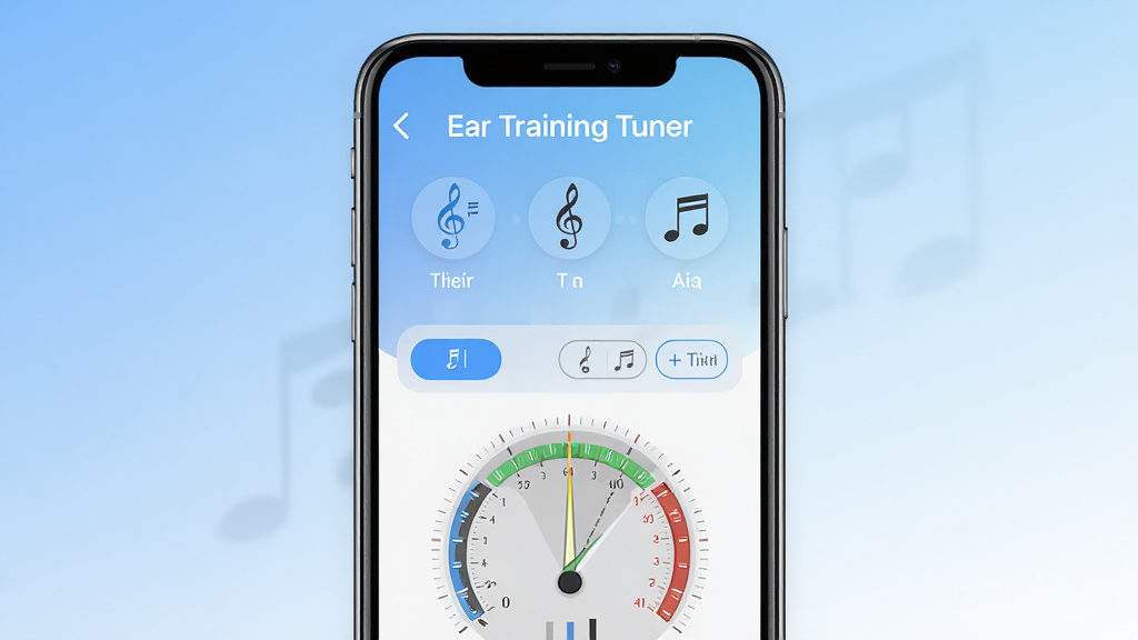 һ��չʾEar Training TunerӦ���������ͼƬ������Ϊ�ֻ���Ļ����ʾ������ϰ�͵��������ܽ��棬���־��У��Ű�������������ִ���ƽ����ϸ�ڰ�������ͼ�ꡢ����ѡ��ť������ָ����̣����ʸ���ɾ��޶���Ԫ�أ�����Ϊ��͵����׽���ɫ��