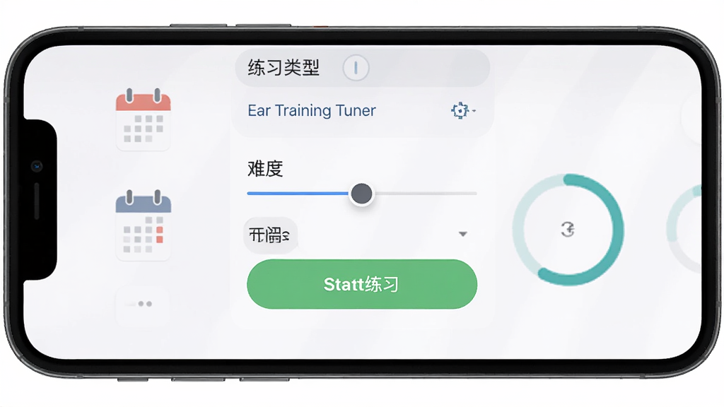 һ��Ear Training Tuner�Զ�����ϰ���ý����ͼƬ������Ϊ�ֻ���Ļ��ʾ��ϰ�ƻ�����ҳ�棬�����Ϸ�����ϰ����ѡ���м����ѶȻ����ʱ�����ã��·��ǿ�ʼ��ϰ��ť������ִ���ƽ��ϸ�ڰ�������ͼ��ͽ��Ȼ������ʸ���ɾ��޶���Ԫ��