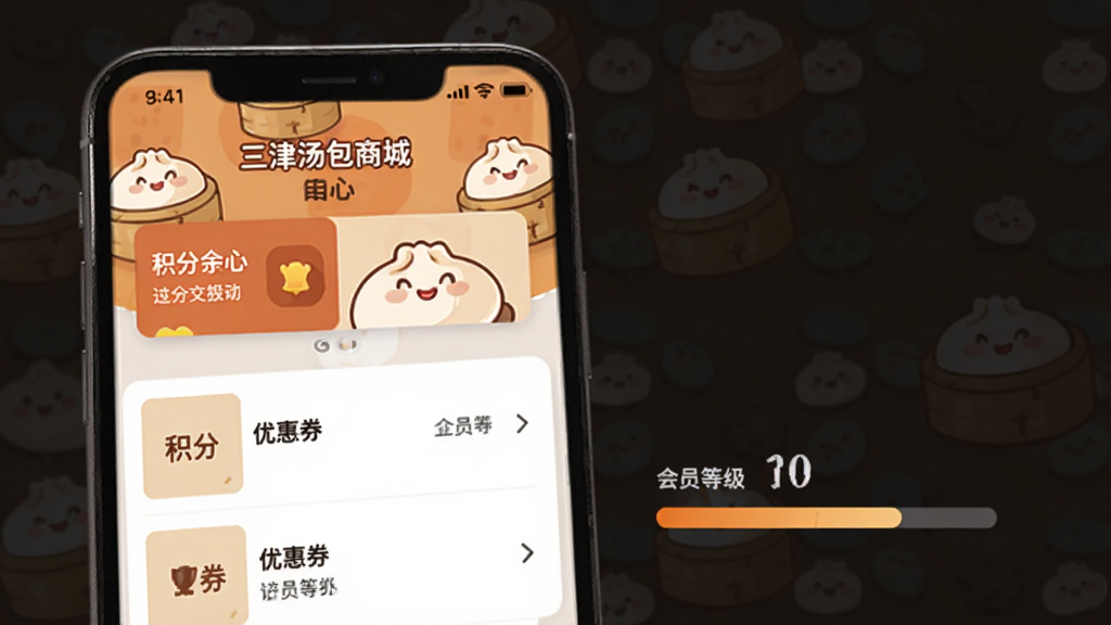 三津汤包商城App的会员中心页面,手机屏幕显示积分余额、优惠券列表和会员等级进度条,背景有包子卡通图案装饰,配色温暖,布局清晰,画质干净无多余元素