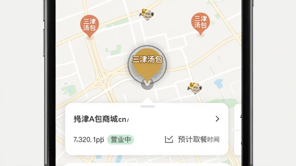 三津汤包商城App的门店定位界面,手机屏幕显示地图上有多个三津汤包门店标记,其中一个标记被高亮选中,下方弹出卡片显示门店名称、距离、营业中标签和预计取餐时间,背景是浅色地图,整体风格简洁现代,画质清晰干净