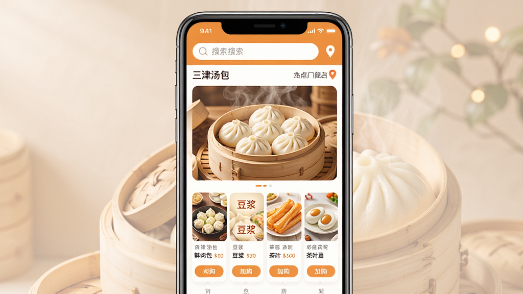 一张展示三津汤包商城App主界面的图片,画面中央是手机屏幕,屏幕上显示三津汤包商城的点餐首页,顶部有搜索框和门店定位,中间是热气腾腾的包子蒸笼海报图,下方排列着鲜肉包、豆浆、油条、茶叶蛋等早餐商品卡片,每张卡片有价格和加购按钮,整体配色是暖橙色和白色,风格温馨明亮,细节干净清晰,画质高清,无多余元素