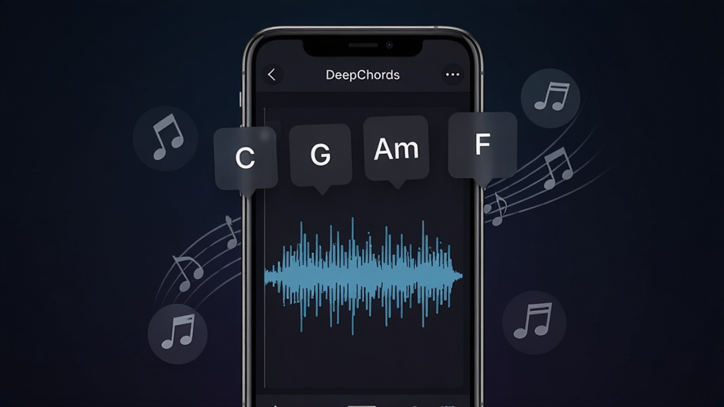 һ��չʾDeepChords�������Ľ����ͼƬ������Ϊһ�������ֻ�����Ļ����ʾ����Ƶ����ͼ���Ϸ������ĺ���������C��G��Am��F�����ּ������������Ϊ��ɫ������ϸ�����ֻ���Χ�е���������ͼ�껷�ƣ����ʸɾ����޶���Ԫ�أ�����ִ��Ƽ��У����忴��������һ��רҵ������ʶ�𹤾߽���