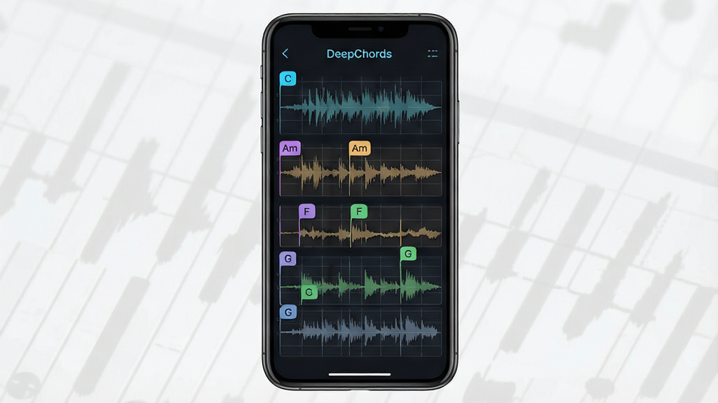 һ��չʾDeepChords���ܺ���ʶ���ܵ�ͼƬ������Ϊ�ֻ���Ļ��ʾ��Ƶ���α��ָ�ɶ�����䣬ÿ�������Ϸ���ע�Ŷ�Ӧ�ĺ��������硰C������Am������F������G��������Ϊ�������е�ʶ�����б������Ϊ��ɫ��������ɫ���ұ�ǩ��ϸ���ϲ���ͼ��ϸ΢�������ߣ����ʸɾ��������޶���Ԫ��