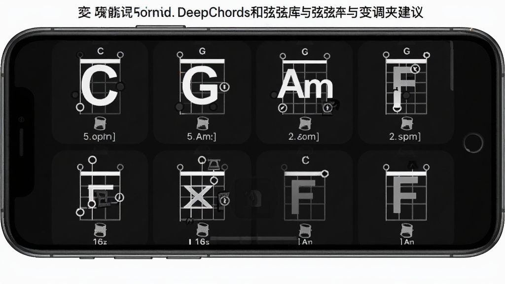 һ��չʾDeepChords���ҿ������н��鹦�ܵ�ͼƬ������Ϊ�ֻ���Ļ��ʾ�����������ָ��ͼ����C��G��Am��F������Ϊ����״���У����Ϊ��ɫ�������ɫָ��ͼ��ϸ����ÿ��ָ��ͼ�·��ж�Ӧ�ı����λ�ý��飬���ʸɾ����޶���Ԫ��