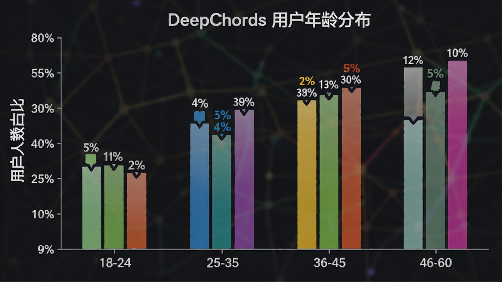 һ��չʾDeepChords�û�����ֲ�����״ͼ������Ϊ��״ͼͼ���������Ϻ���Ϊ�����18-24��25-35��36-45��46-60������Ϊ�û�����ռ�ȣ����Ϊ��ɫ�������ɫ���ӣ�ϸ����ÿ�������Ϸ��аٷֱ����֣����ʸɾ����޶���Ԫ��