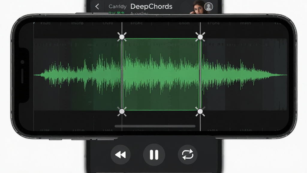 һ��չʾDeepChords��Ƶ������ѭ�����Ź��ܵ�ͼƬ������Ϊ�ֻ���Ļ��ʾ��Ƶ���Σ��������������ü���ǣ������ϲ���ռ����Ļ���룬�·��в��ſ��ư�ť��ѭ��ͼ�꣬���Ϊ��ɫ��������ɫ���Σ�ϸ���ϲü������и�����ʾ�����ʸɾ����޶���Ԫ��