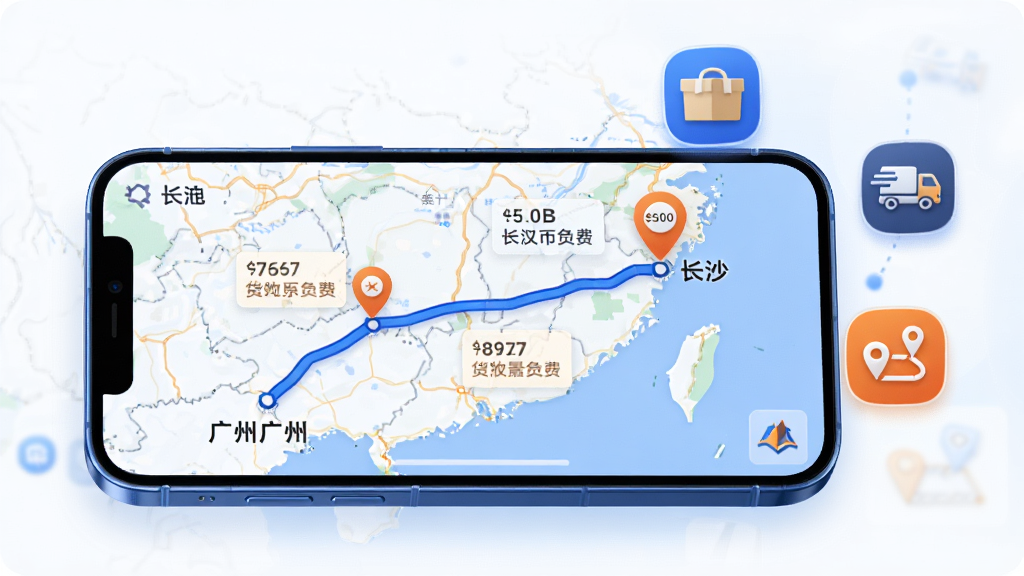 �˵ı�˾��APP����ƥ�书��չʾͼ��������һ���ֻ�������ʾ��ͼ���棬��ͼ�ϱ�ע�˴ӹ��ݵ���ɳ��·�ߣ���;�ж����Դ��ǵ㣬ÿ����ǵ�����ʾ�˷ѽ��ͻ������͡��ֻ��Ա�Ư���ż���Сͼ��������������·�ߣ�������Ƽ���ʮ�㵫���ּ�࣬��ɫ��Ϊ��ɫ�ͳ�ɫ�����������ɾ����޶���Ԫ�ء�