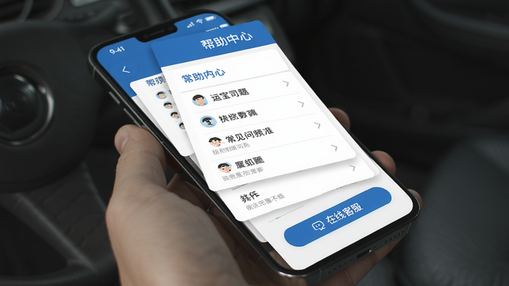 �˵ı�˾��APP�����뷴��ҳ���ͼ���ͼƬ������չʾһ���ֻ���Ļ����Ļ����ʾ�������Ľ��棬�г��������б������߿ͷ���ť����������������ɫ��Ϊ��ɫ�Ͱ�ɫ������ִ���ƽ�������ʸɾ��޶���Ԫ�ء�