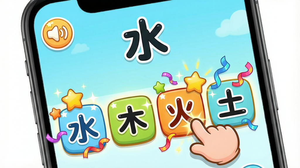 һ��չʾ������ͯѧ����App������Ϸ�����ͼƬ��������һ���ֻ���Ļ����Ļ����ʾ��һ����Ϸ���棺��Ļ�Ϸ�������ͼ��ͺ��֡�ˮ�����·����ĸ�ѡ�������ֱ��ǡ�ˮ������ľ�������𡱡��������ĸ����֡�һ����ͨС���������ˮ�����ѡ�ѡ�����Χ����˸�����ǺͲʴ�Ч��������Ϊ�ֻ���Ļ��д����ϷԪ�����������Ϊ���õĿ�ͨ��Ϸ���ɫ��������ϸ���ϣ����ǺͲʴ�Ч����������������Բ�󡣻��ʸ��壬����ɾ���