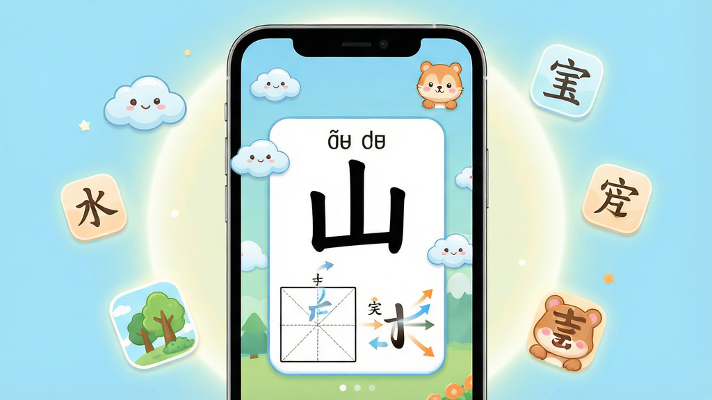 һ��չʾ������ͯѧ����App����ȫò��ͼƬ��������һ�������ֻ�����Ļ����ʾ�ű�����ͯѧ���ֵ�App���棬����������һ�����ĺ��ֿ�Ƭ��ɽ�����Ϸ���ƴ�����·������ָ�ͱ�˳��������Χ�����ſ�ͨ�����ƶ䡢С���Ϳɰ���С����ͼ�ꡣ����Ϊ�ֻ����У���������͵Ĺ��κ�Ư����С���ֿ�Ƭ���Ű�������ͻ���ֻ���Ļ�ڵ����ݡ����Ϊ��������Ķ�ͯ�廭���ɫ������͵������̡���Ϊ����ϸ���ϣ�App����ͼ��Բ���������������ʸ��壬����ɾ����޶���Ԫ�ء�