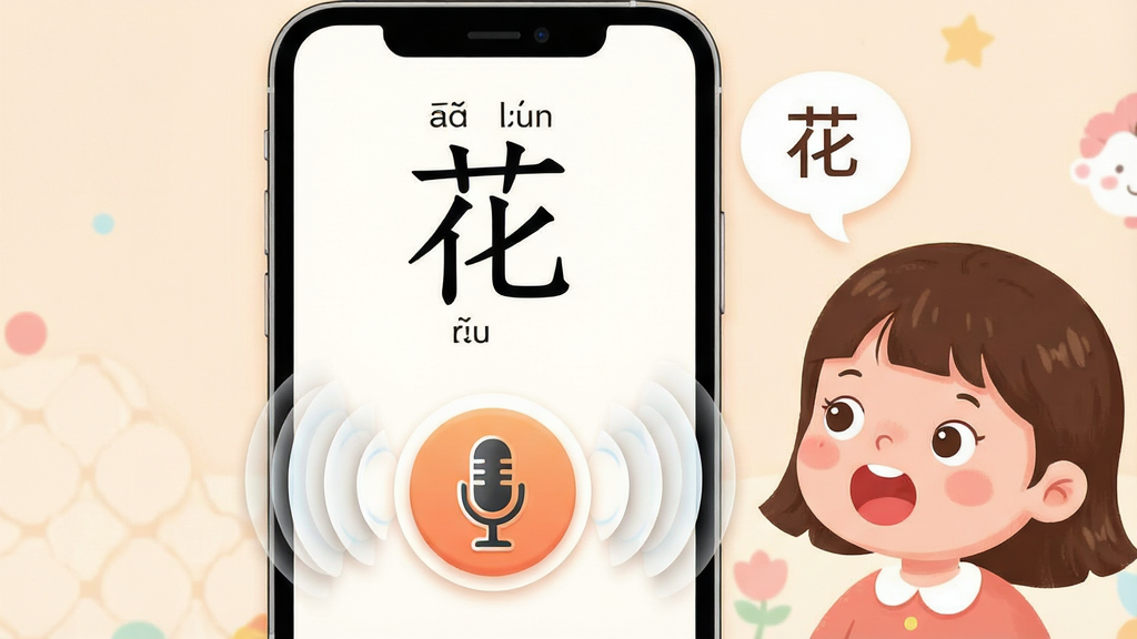 һ��չʾ������ͯѧ����App����¼�����ܵ�ͼƬ��������һ���ֻ���Ļ����Ļ����ʾ��һ�����֡�����������ƴ�����·���һ��������˷簴ť����ť��Χ��Բ�ε�������ɢ��������Ļ�Ա���һ����ͨСŮ����ͷ��������������ֻ�˵����ͷ����һ���Ի����ݣ�����д�š�����������Ϊ�ֻ���Ļ���У���ͨ�����ڲ�ߡ����Ϊ��ܰ�Ķ�ͯ�廭�磬ɫ����͡�ϸ���ϣ����������в�θУ�СŮ���������������ʸɾ����޶���Ԫ�ء�