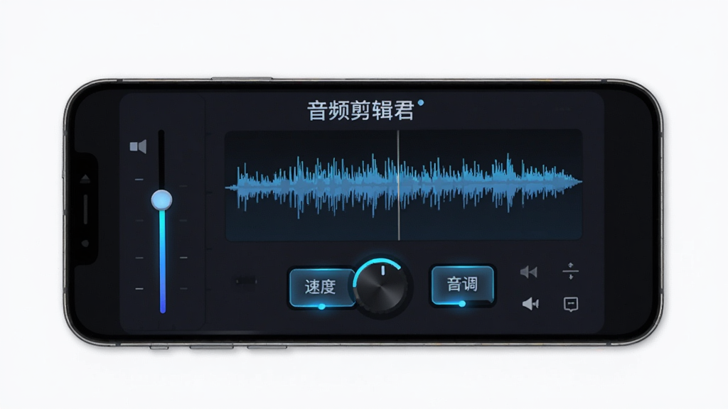 ��Ƶ��������������ٵ��ڽ��棬�ֻ���Ļ��ʾ��Ƶ�༭��壬�����������顢�ٶȵ�����ť�������ߵͰ�ť�����������в���ͼʵʱ����������Ϊ��ɫģʽ����ť������ɫ�߹⣬���Ƽ���ʮ�㣬���ֱ�ע����Ƶ�������������ʸɾ�����