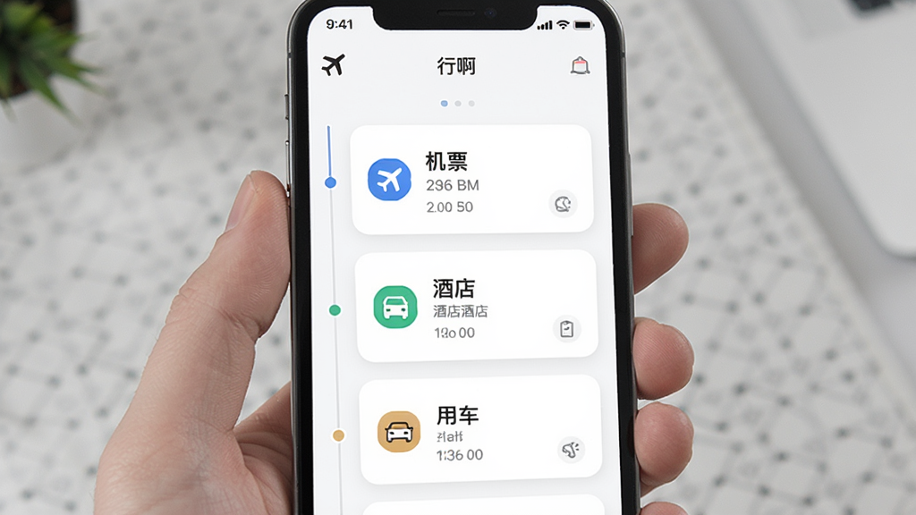 һ��չʾ�ֻ�Ӧ�����г�ʱ��������ͼƬ�������С��а���Ӧ�ý�����ʾ�ӻ�Ʊ���Ƶ굽�ó��������г̿�Ƭ��ÿ�ſ�Ƭ���ж�Ӧ��ͼ���ʱ����Ϣ����������ɫ������ִ�����ϸ�����������ʸɾ��޶���Ԫ��